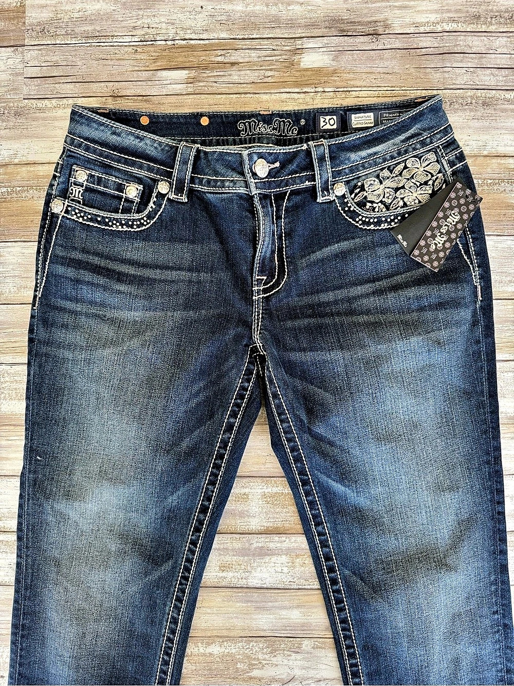 Miss Me Signature Cuffed Embellished Dark Wash Skinny Jeans Floral Blue Waist 30